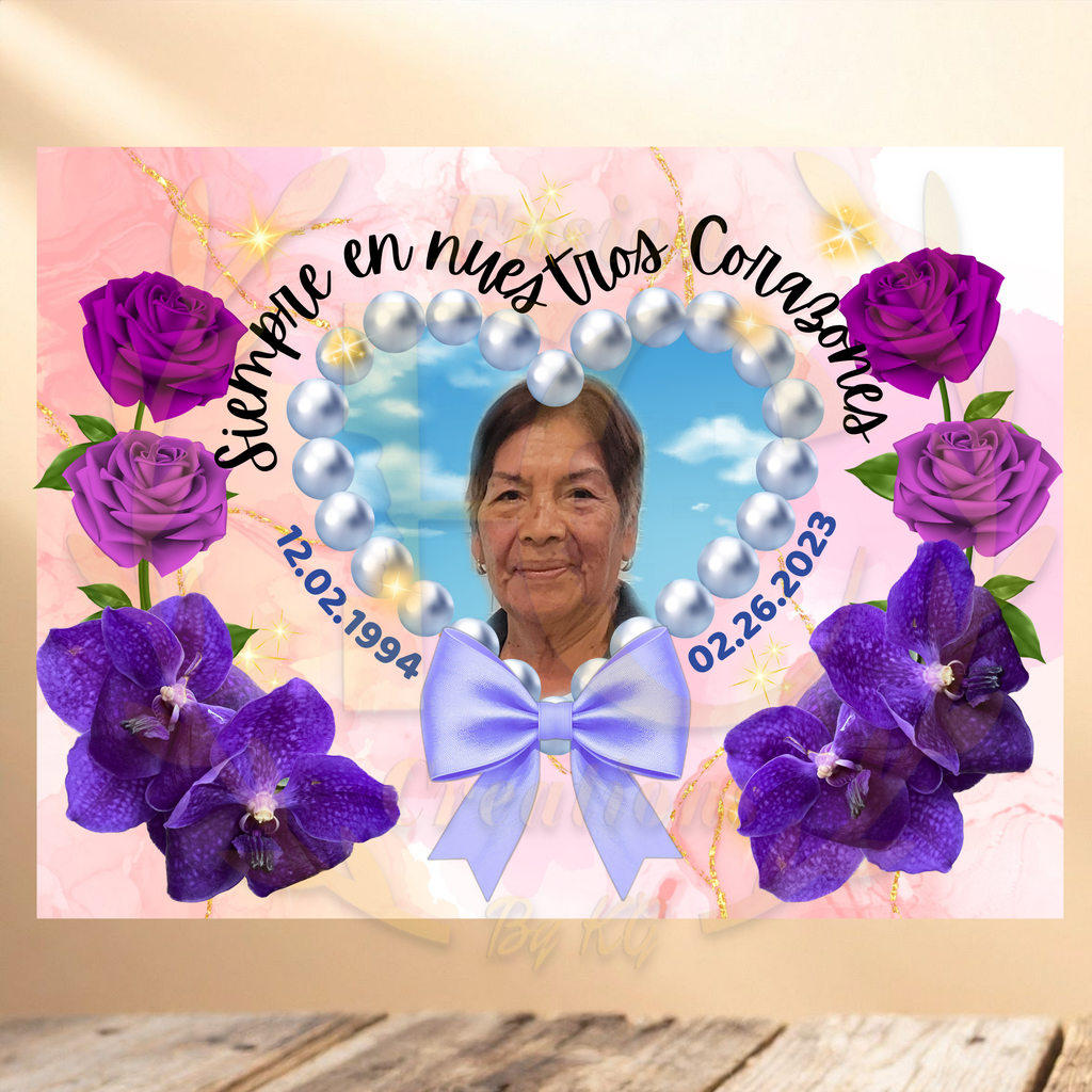 PERSONALIZED MEMORIAL HEART YARD SIGN WITH PHOTO, PEARLS, PURPLE ROSES & BOW 💜🩷🕊️