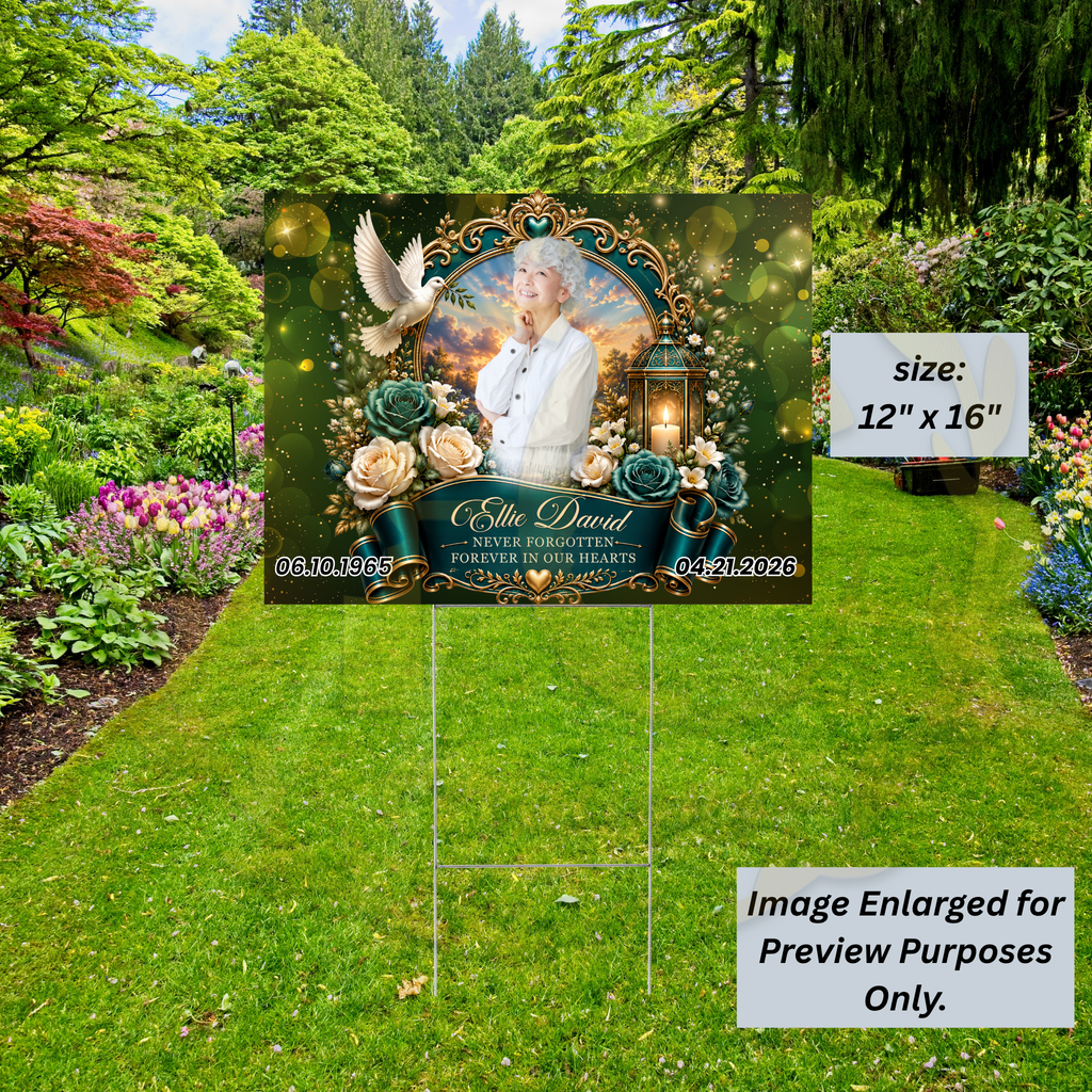 PERSONALIZED MEMORIAL YARD SIGN WITH PHOTO, GOLD OVAL FRAME & GREEN ROSES 💚✨