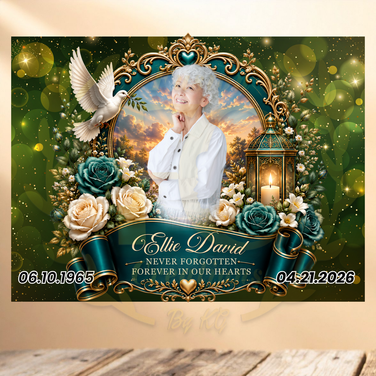 PERSONALIZED MEMORIAL YARD SIGN WITH PHOTO, GOLD OVAL FRAME & GREEN ROSES 💚✨