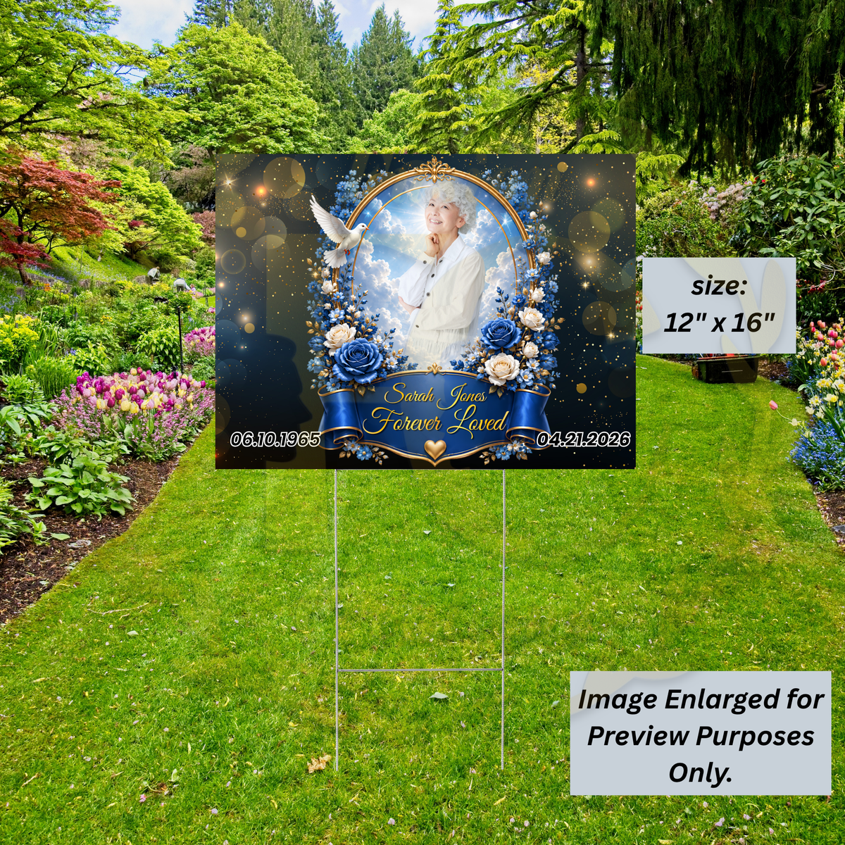 PERSONALIZED MEMORIAL YARD SIGN WITH PHOTO, WHITE ROSES, GOLD STARLIGHTS & DOVE 💙🕊️