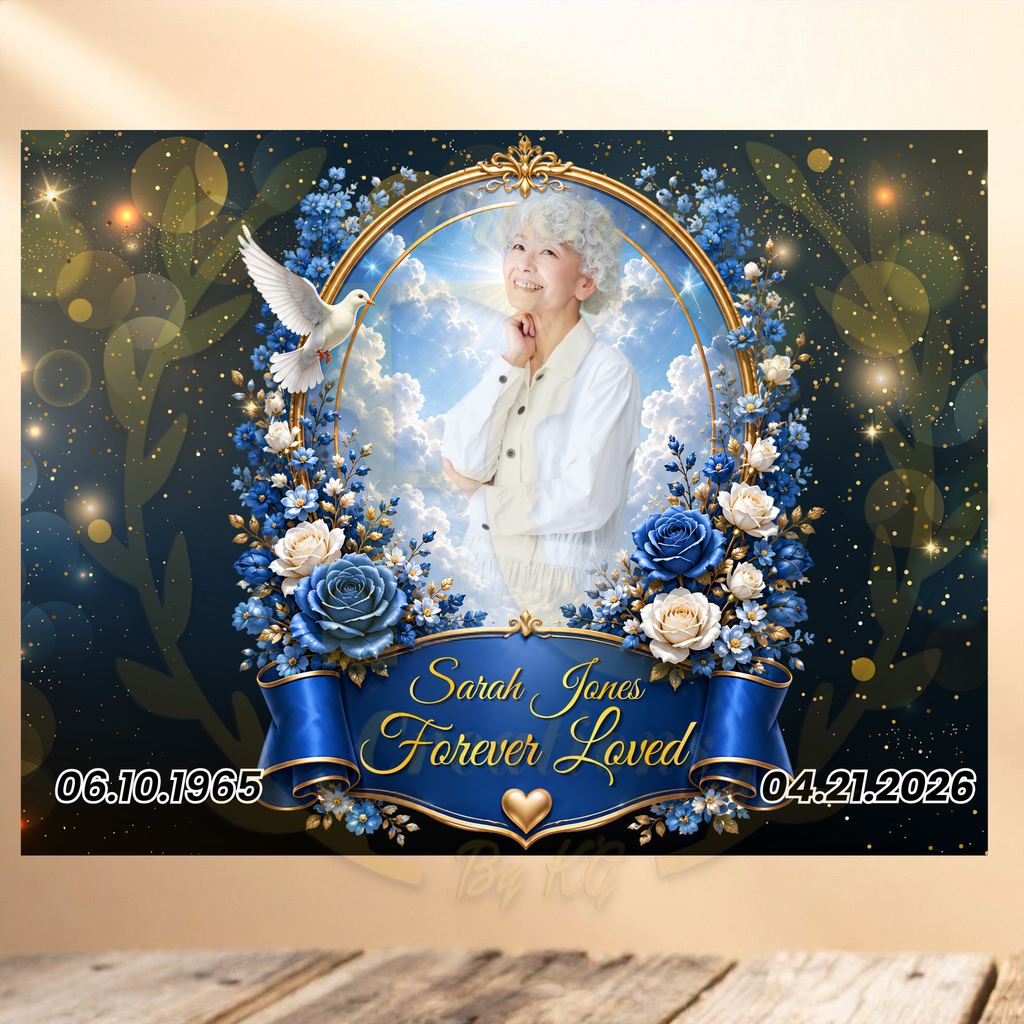 PERSONALIZED MEMORIAL YARD SIGN WITH PHOTO, WHITE ROSES, GOLD STARLIGHTS & DOVE 💙🕊️