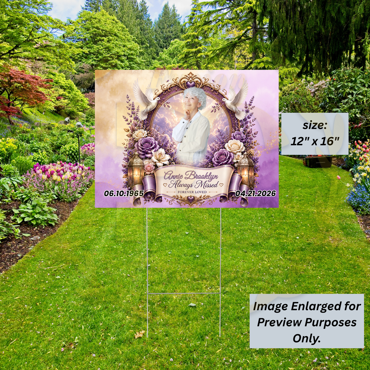 PERSONALIZED MEMORIAL YARD SIGN WITH PHOTO, LIGHT PURPLE &amp; PEACH FLORAL DESIGN 💜🍑🕊️