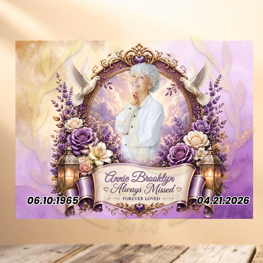 PERSONALIZED MEMORIAL YARD SIGN WITH PHOTO, LIGHT PURPLE &amp; PEACH FLORAL DESIGN 💜🍑🕊️