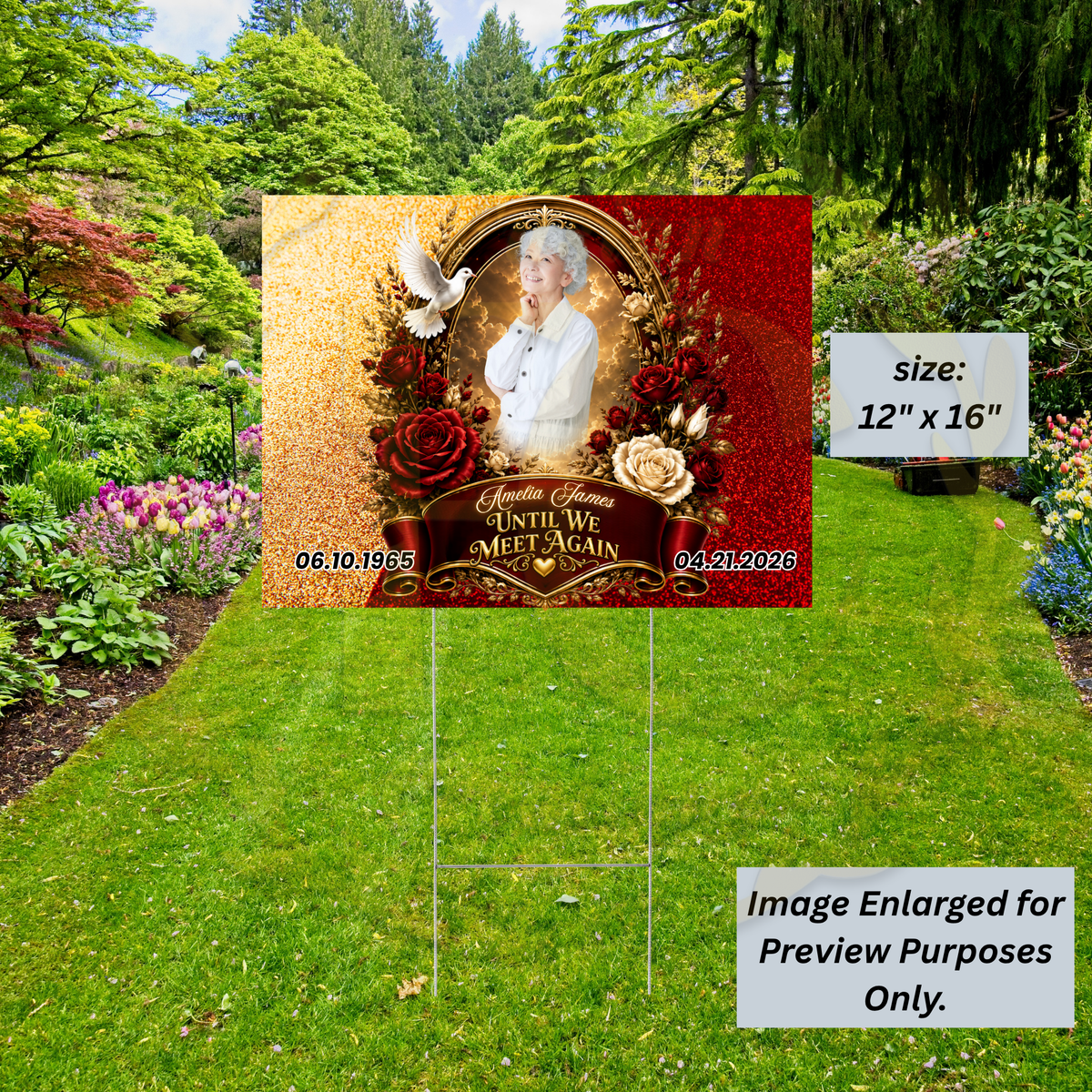 PERSONALIZED MEMORIAL YARD SIGN WITH PHOTO, GOLD FRAME & RED AND BEIGE FLOWERS ❤️✨