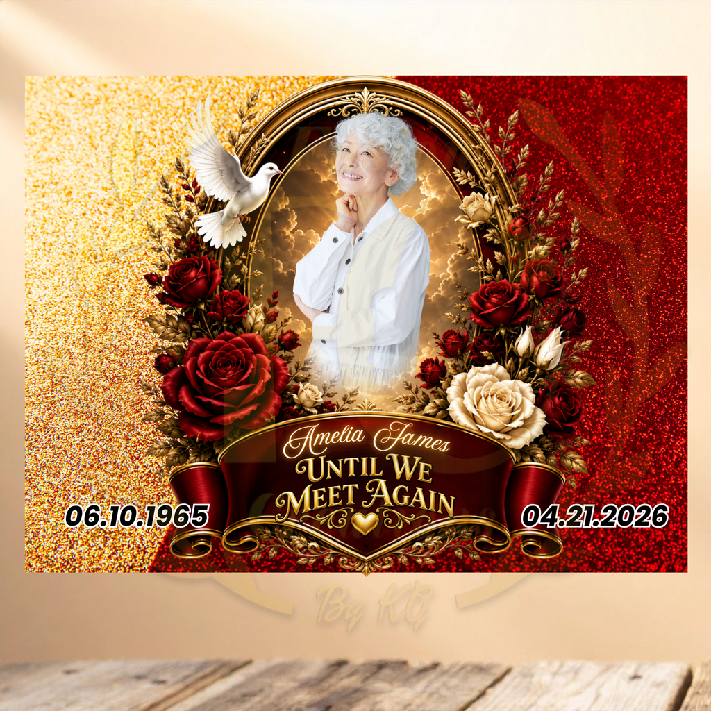 PERSONALIZED MEMORIAL YARD SIGN WITH PHOTO, GOLD FRAME & RED AND BEIGE FLOWERS ❤️✨