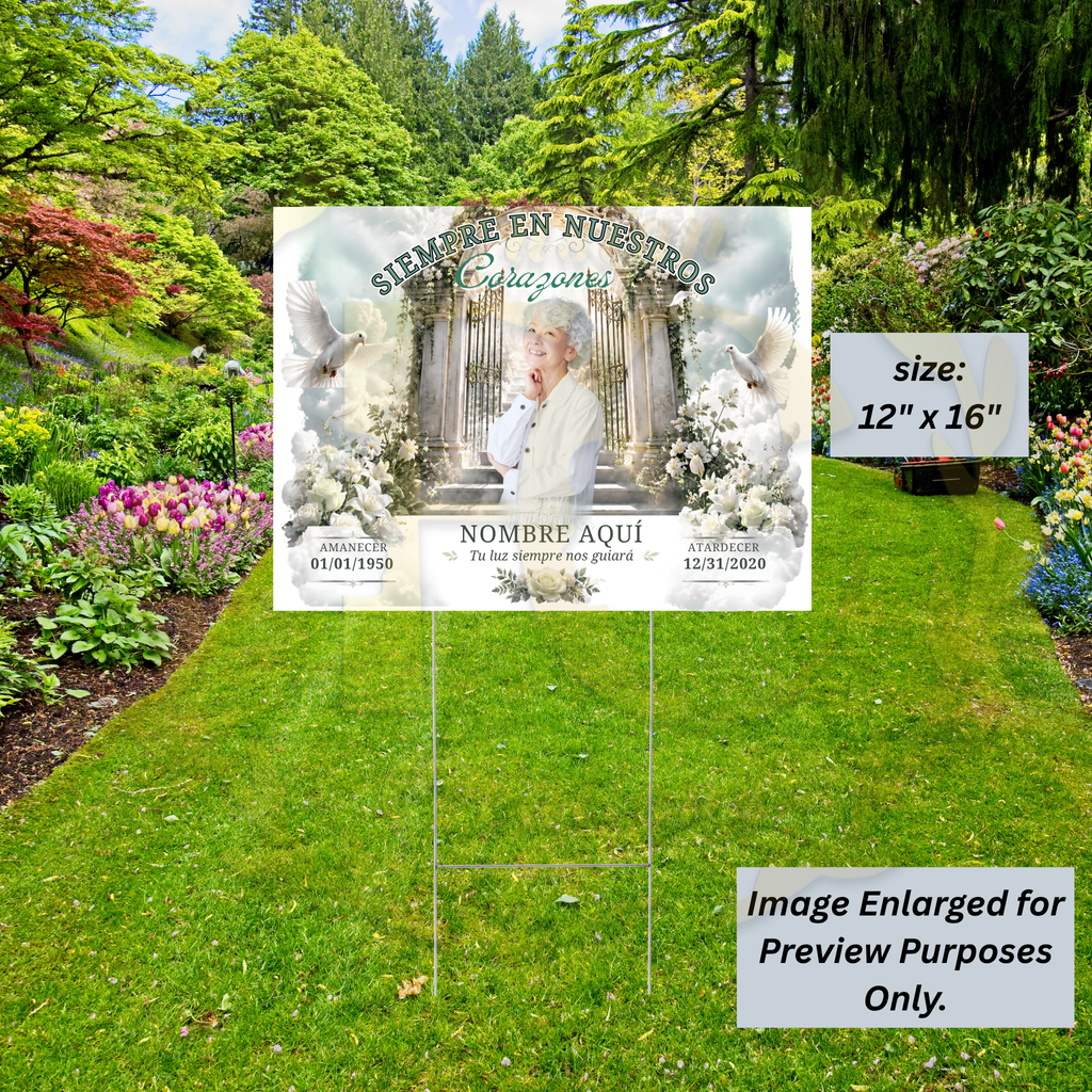 PERSONALIZED MEMORIAL YARD SIGN WITH PHOTO, WHITE ROSES, GATE & DOVES 🤍🕊️