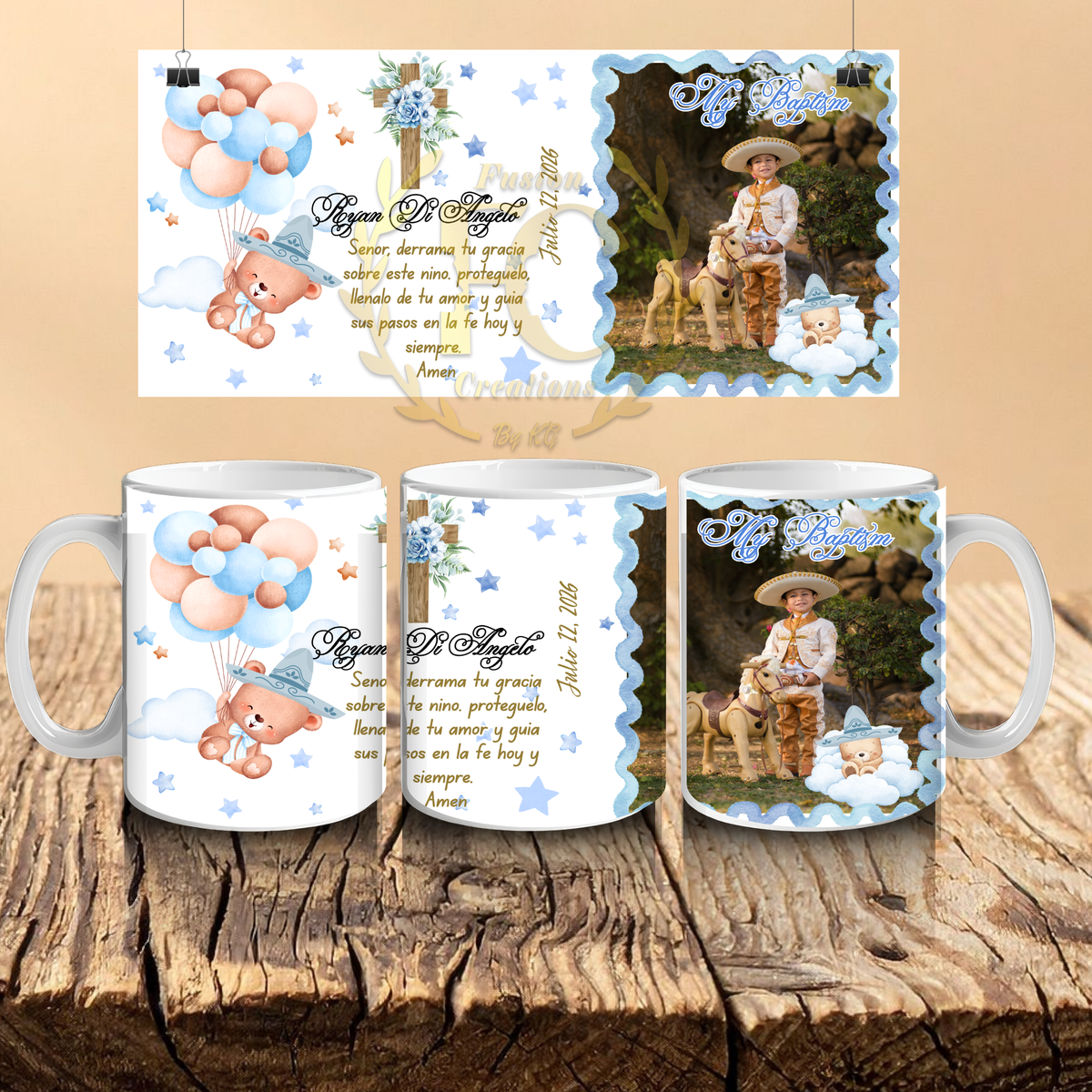 Blue and peach color personalized baptism photo mug