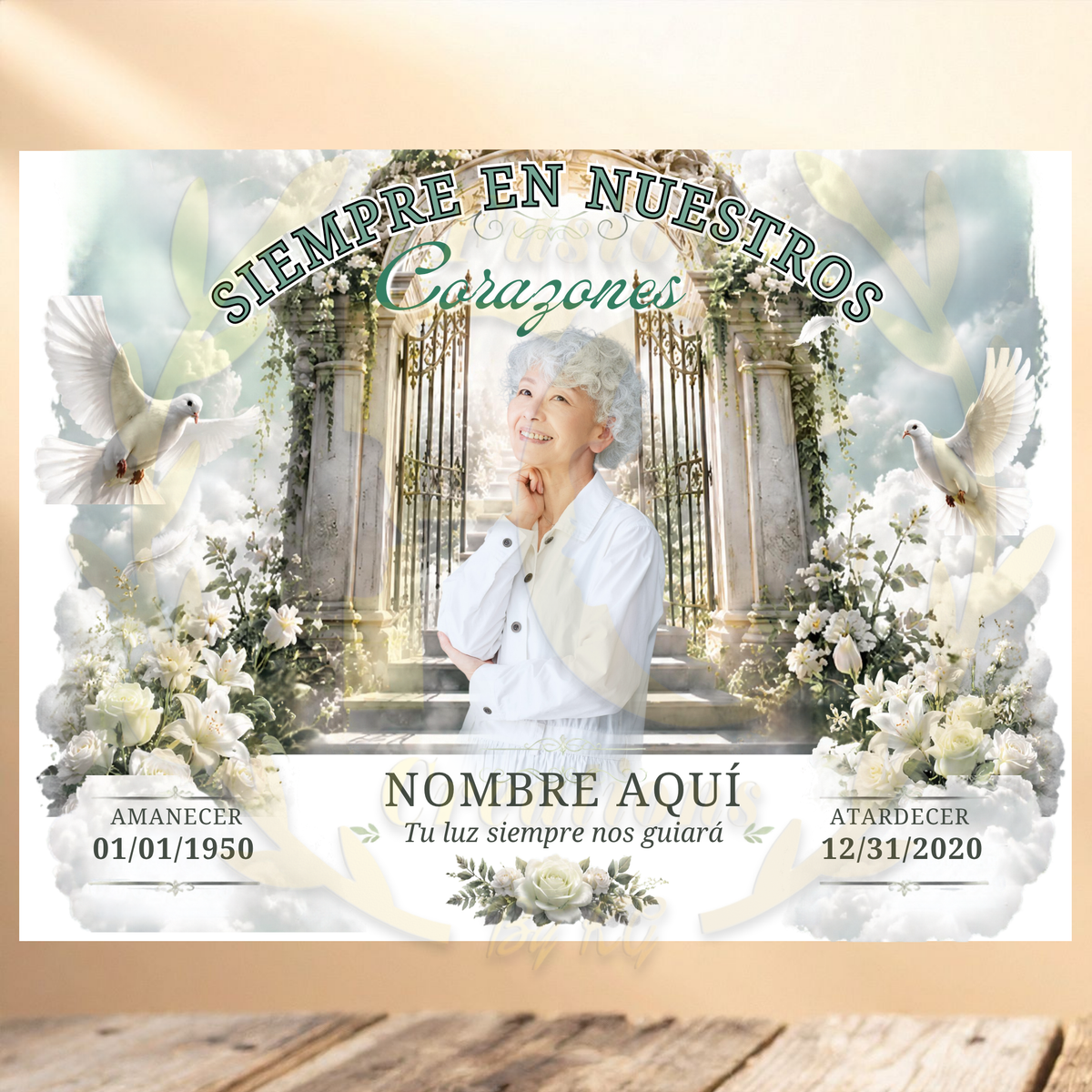 PERSONALIZED MEMORIAL YARD SIGN WITH PHOTO, WHITE ROSES, GATE & DOVES 🤍🕊️