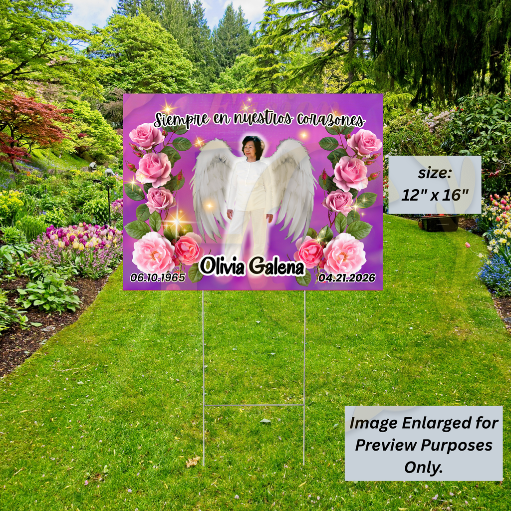 PERSONALIZED MEMORIAL YARD SIGN WITH ANGEL WINGS & PINK ROSES 🕊️🩷