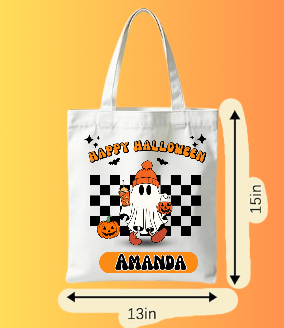 Personalized Retro Checkered Ghost Tote Bag | Custom Halloween Bag