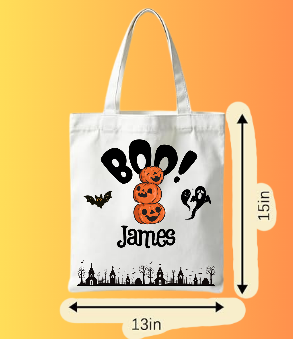 Custom "BOO!" Pumpkin Stack Tote Bag | Personalized Halloween Spooky Town Bag