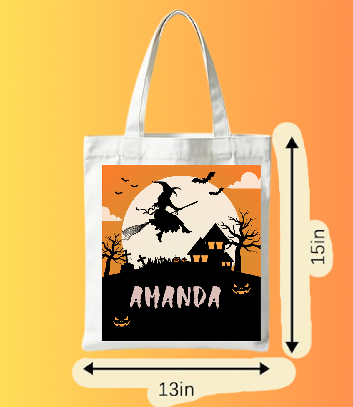 Personalized Flying Witch Halloween Tote Bag | Silhouette Haunted House Canvas Bag