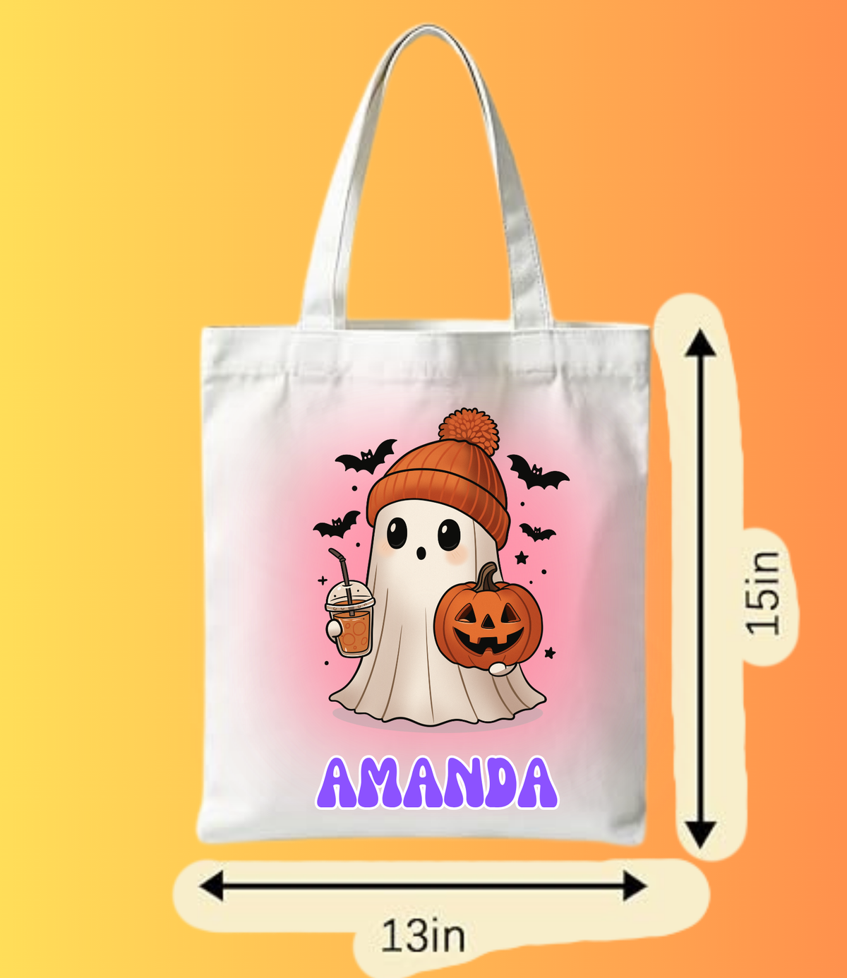 Personalized Pink Aura Cute Ghost Tote Bag | Custom Iced Coffee Halloween Bag