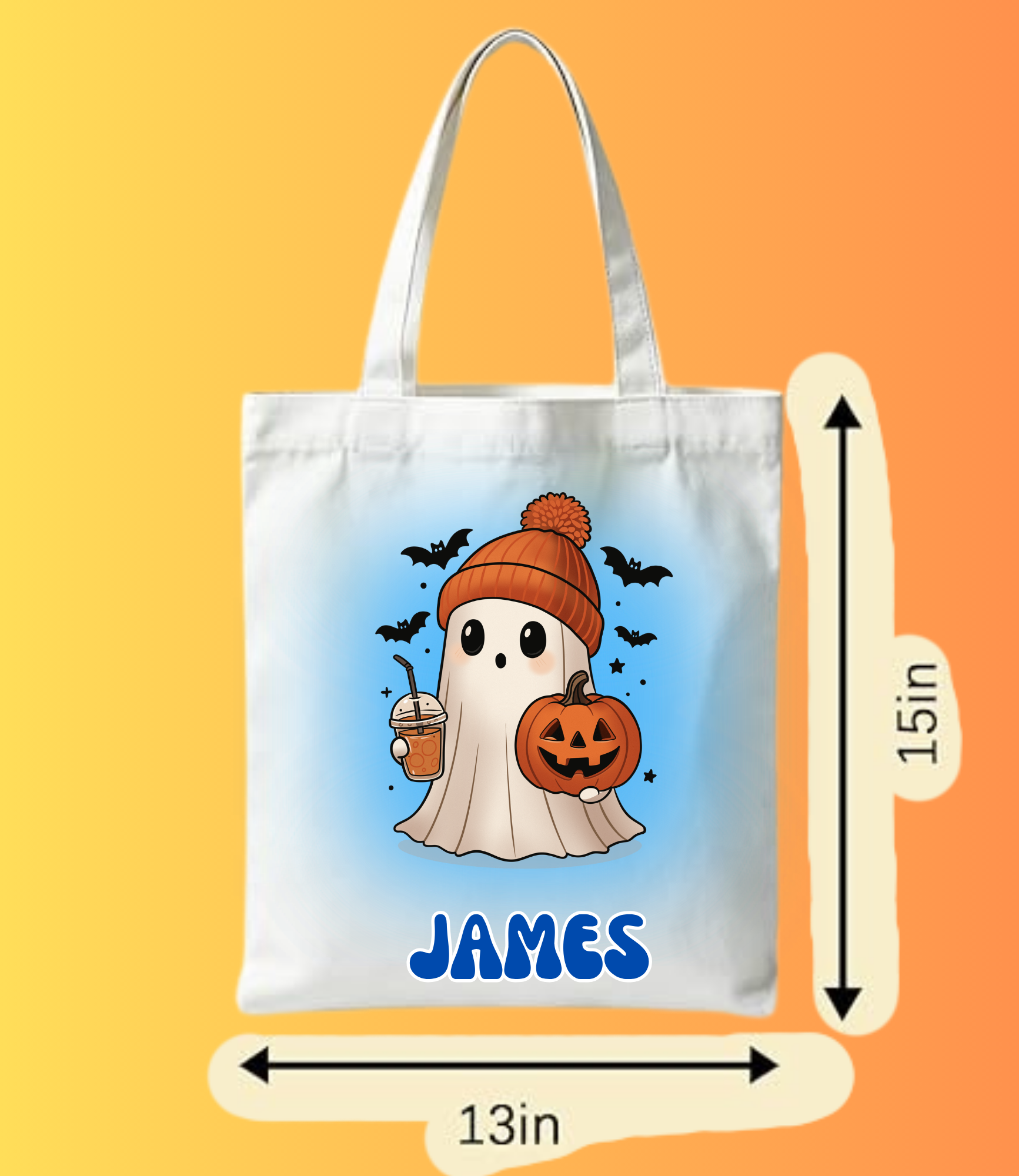 Custom Blue Aura Cute Ghost Tote Bag | Personalized Coffee & Pumpkin Bag