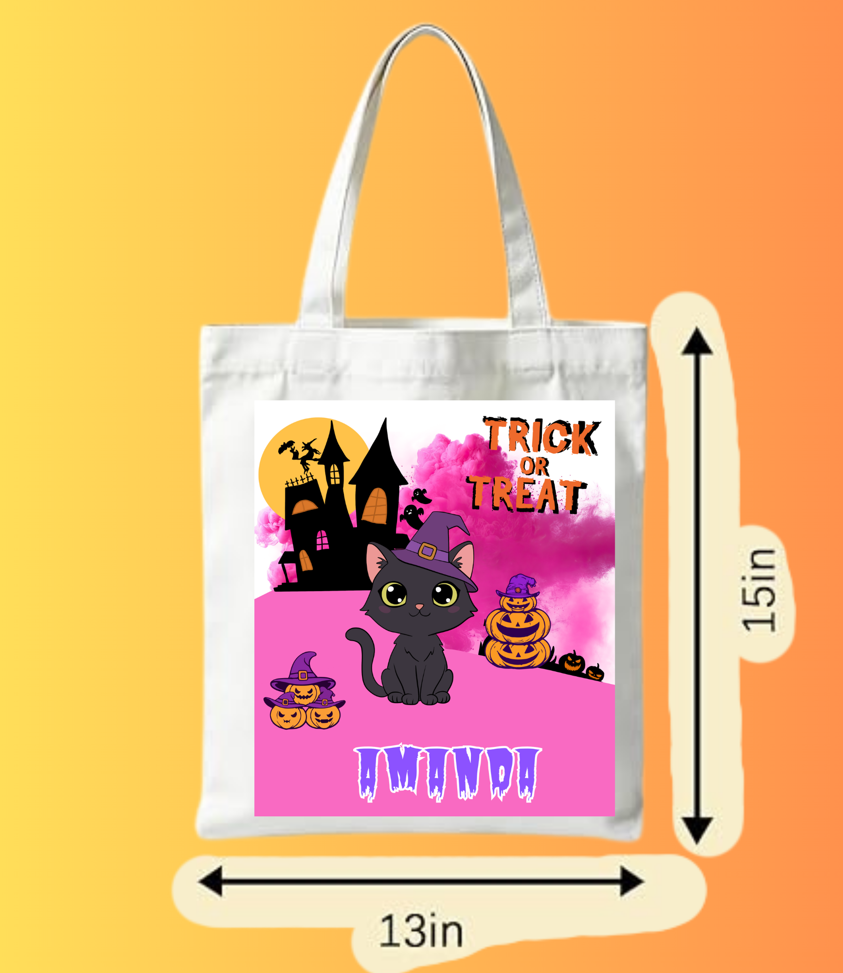 ersonalized Pink Black Cat Halloween Tote Bag | Custom Cute Witchy Cat Bag
