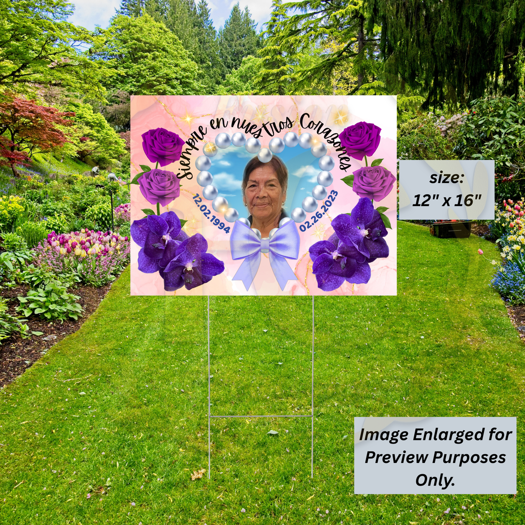 PERSONALIZED MEMORIAL HEART YARD SIGN WITH PHOTO, PEARLS, PURPLE ROSES & BOW 💜🩷🕊️