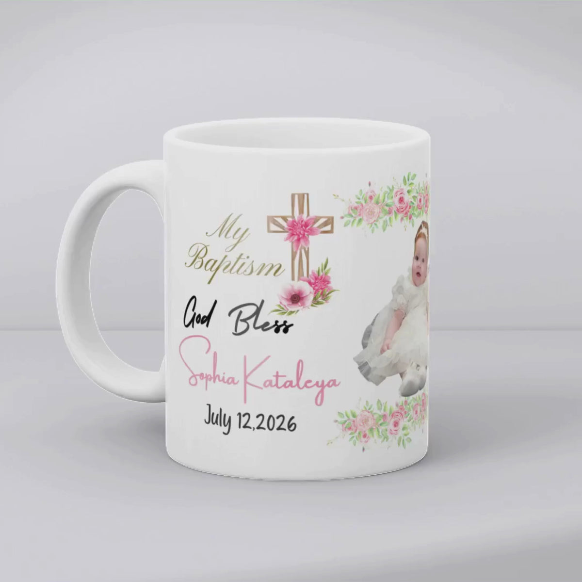 Personalized Baptism Mug – Pink Cross